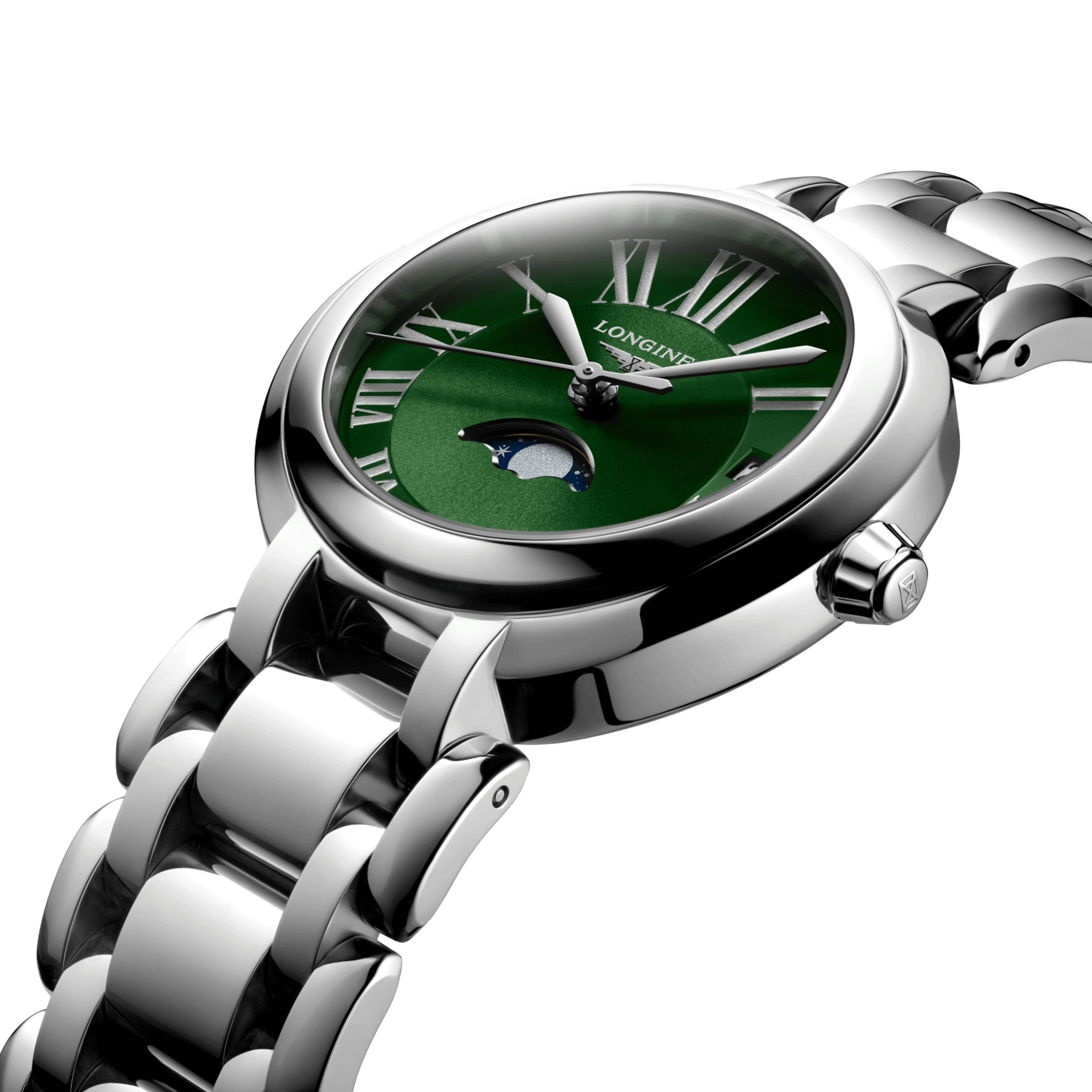 Longines PrimaLuna Moonphase quartz watch green dial steel bracelet 30.5 mm