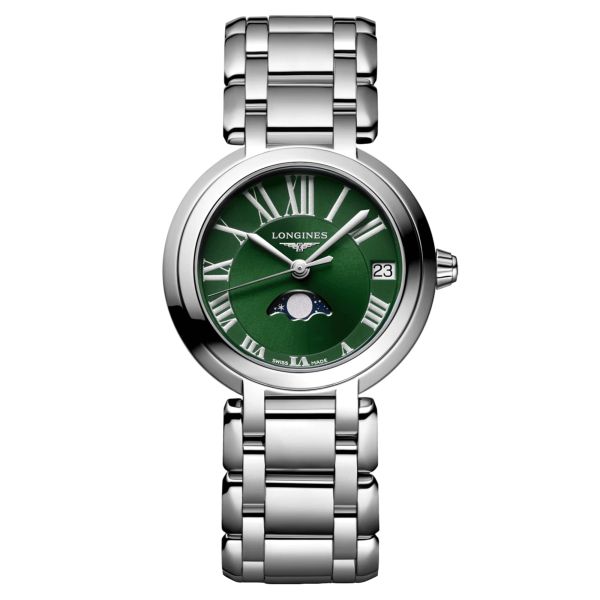 Longines PrimaLuna Moonphase quartz watch green dial steel bracelet 30.5 mm