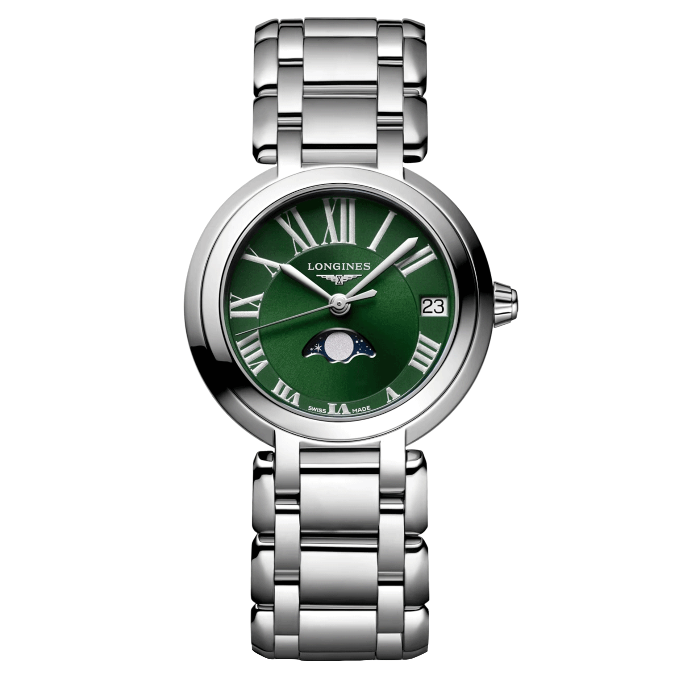 Montre Longines PrimaLuna Moonphase quartz cadran vert bracelet acier 30,5 mm L8.115.4.61.6