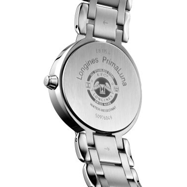 Longines PrimaLuna Moonphase quartz watch diamonds hour markers blue mother-of-pearl dial steel bracelet 30.5 mm