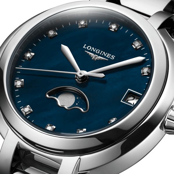 Longines PrimaLuna Moonphase quartz watch diamonds hour markers blue mother-of-pearl dial steel bracelet 30.5 mm