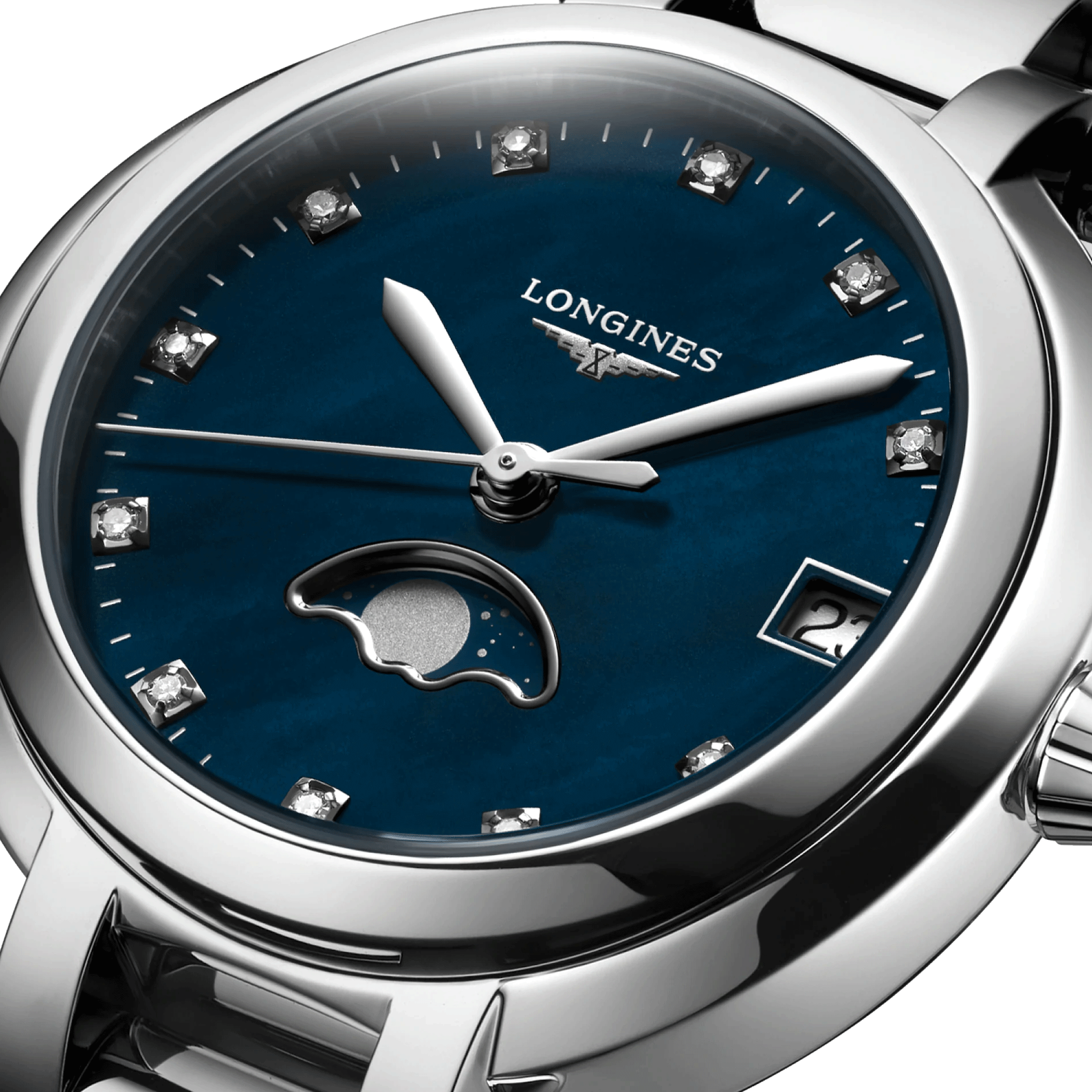 Longines PrimaLuna Moonphase quartz watch diamonds hour markers blue mother-of-pearl dial steel bracelet 30.5 mm