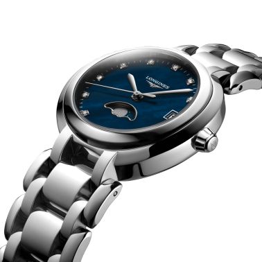 Longines PrimaLuna Moonphase quartz watch diamonds hour markers blue mother-of-pearl dial steel bracelet 30.5 mm