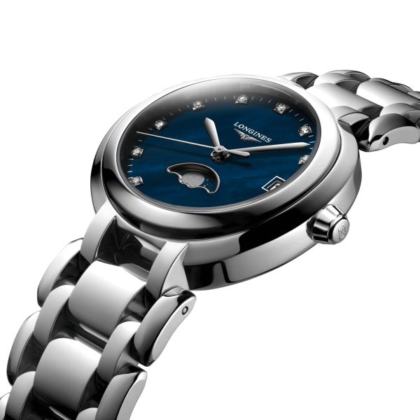 Longines PrimaLuna Moonphase quartz watch diamonds hour markers blue mother-of-pearl dial steel bracelet 30.5 mm