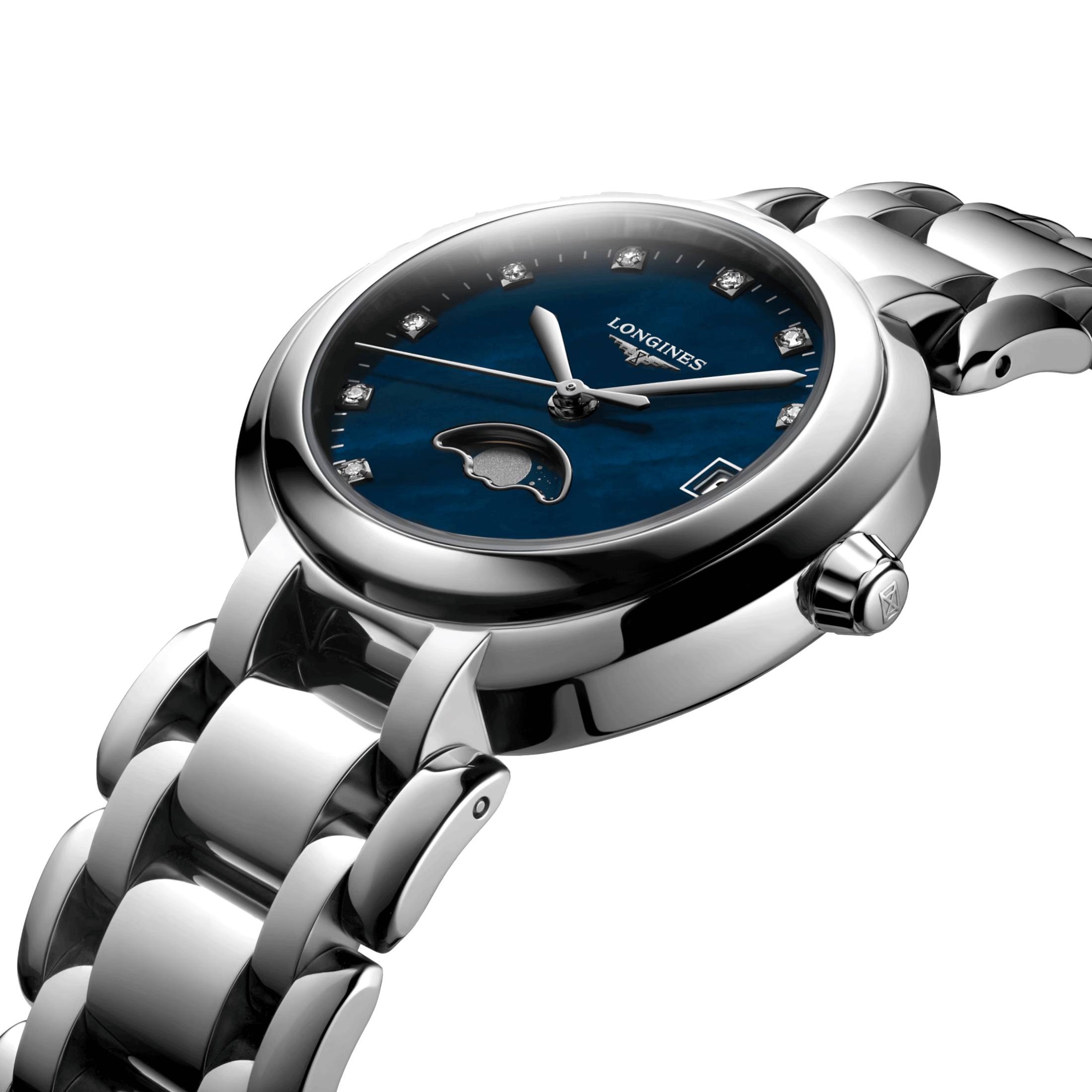 Longines PrimaLuna Moonphase quartz watch diamonds hour markers blue mother-of-pearl dial steel bracelet 30.5 mm