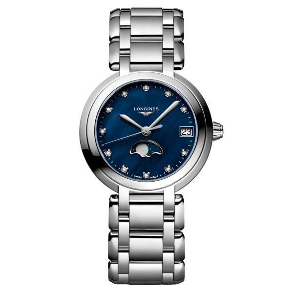 Longines PrimaLuna Moonphase quartz watch diamonds hour markers blue mother-of-pearl dial steel bracelet 30.5 mm