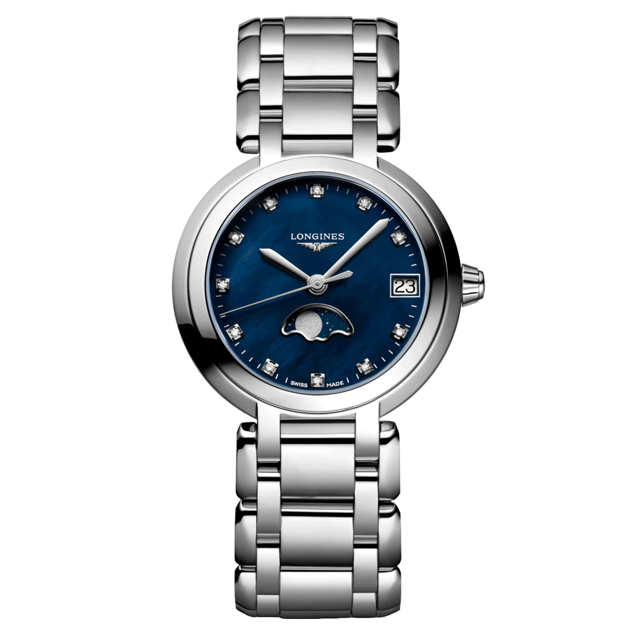 Longines PrimaLuna Moonphase quartz watch diamonds hour markers blue mother-of-pearl dial steel bracelet 30.5 mm