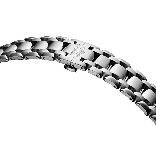 Longines PrimaLuna Moonphase quartz watch diamonds hour markers blue mother-of-pearl dial steel bracelet 30.5 mm