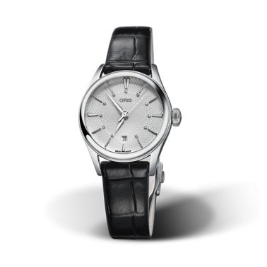 Montre Oris Artelier Date Diamonds automatique cadran argenté bracelet cuir 28 mm