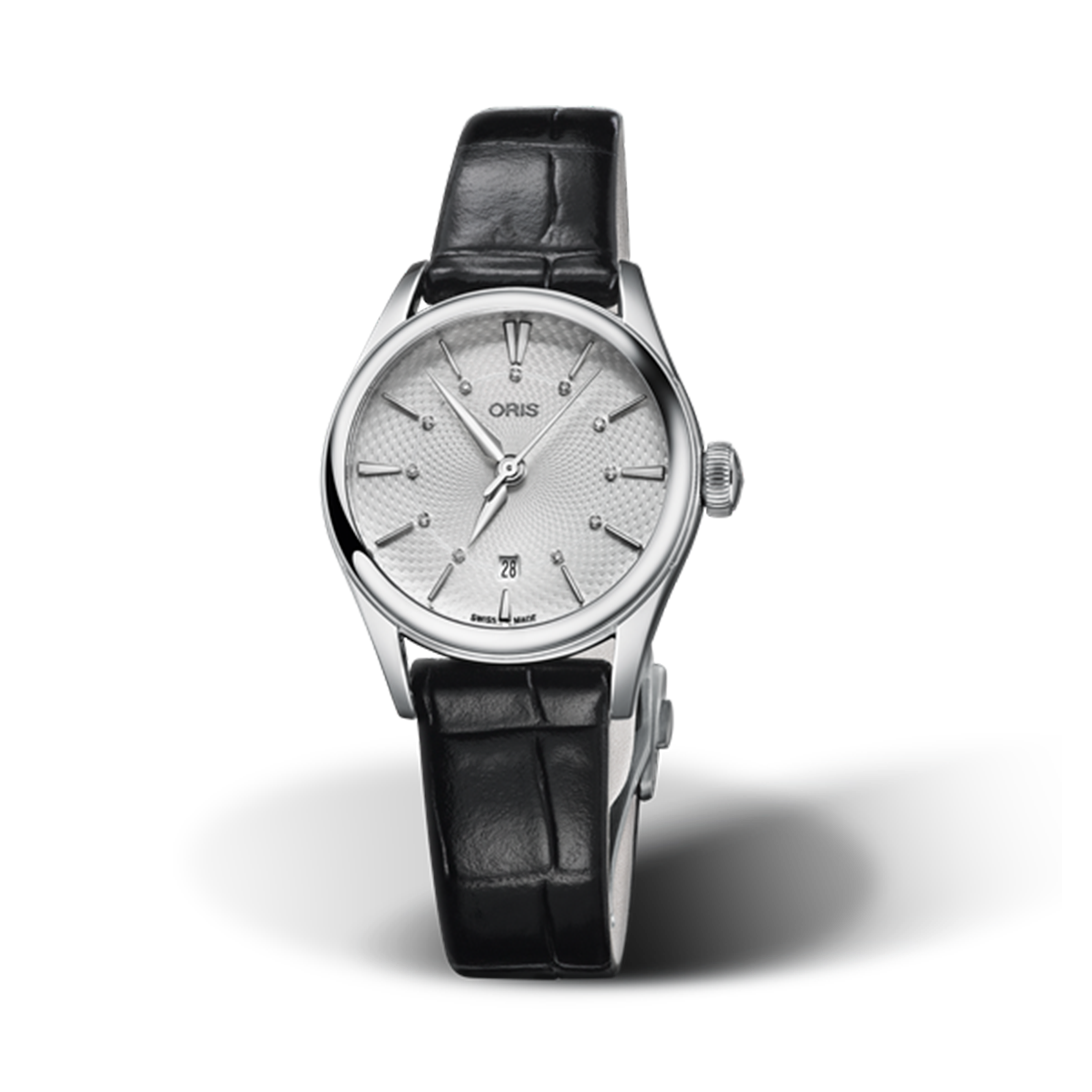 Montre Oris Artelier Date Diamonds automatique cadran argenté bracelet cuir 28 mm