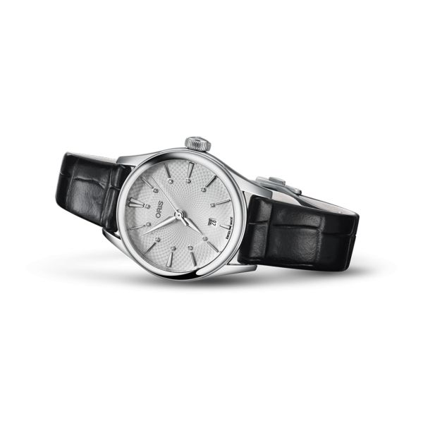 Montre Oris Artelier Date Diamonds automatique cadran argenté bracelet cuir 28 mm