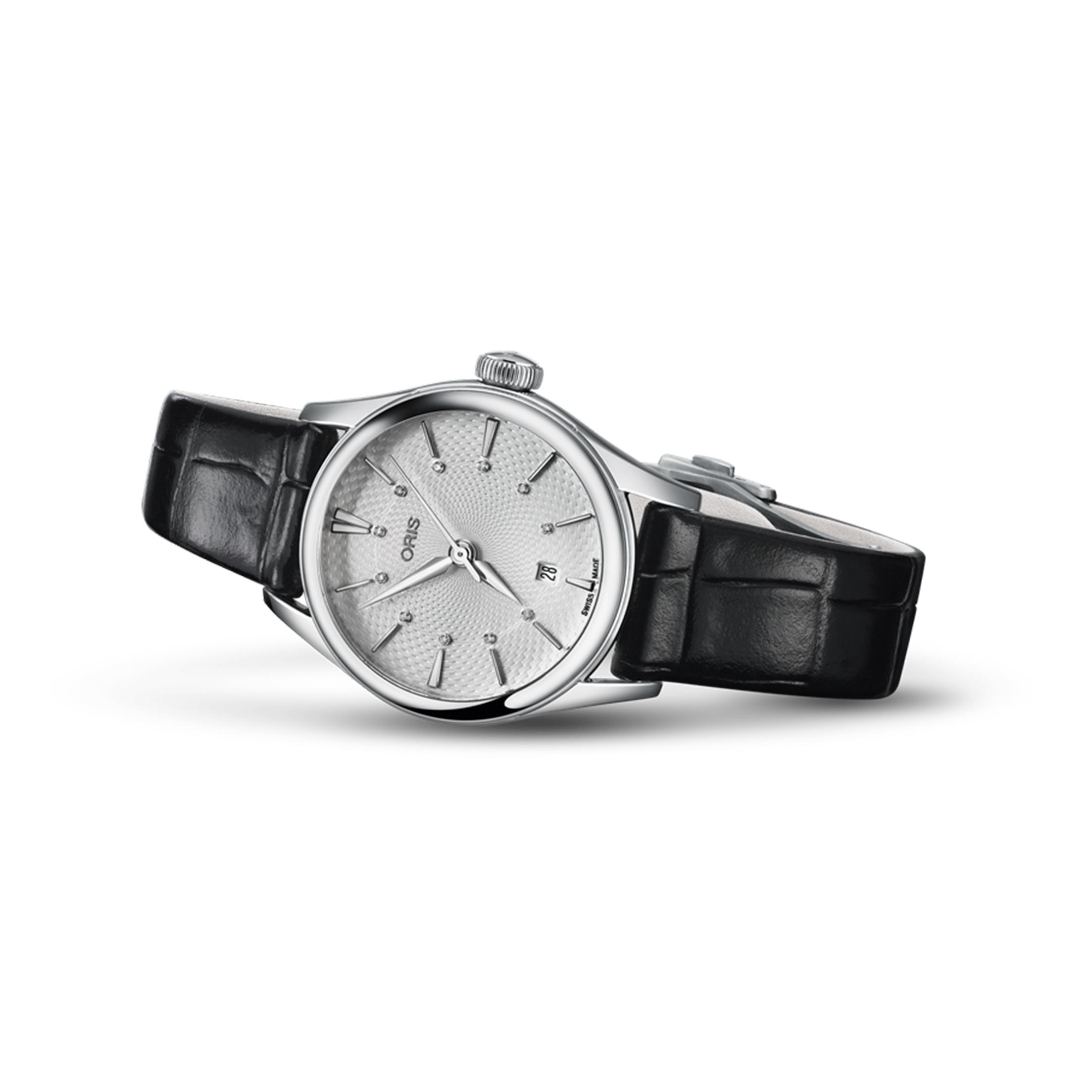 Montre Oris Artelier Date Diamonds automatique cadran argenté bracelet cuir 28 mm