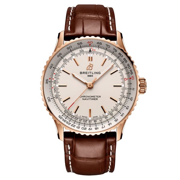 Breitling Navitimer 2024 Rose Gold automatic watch silver dial brown leather strap 41 mm