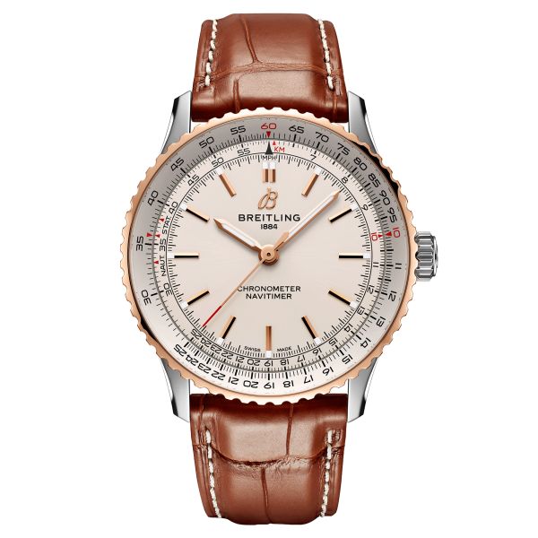 Breitling Navitimer 2024 automatic watch rose gold bezel silver dial brown leather strap 41 mm
