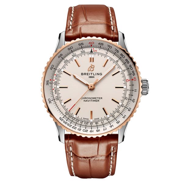 Montre Breitling Navitimer 2024 automatique lunette or rose cadran argent bracelet cuir brun 41 mm U17329F41G1P1