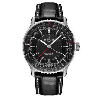 Breitling Navitimer GMT 2024 automatic watch black dial black leather strap 41 mm