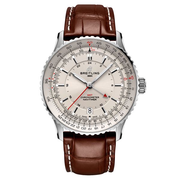 Montre Breitling Navitimer GMT 2024 automatique cadran argent bracelet cuir brun 41 mm A32310211G1P1