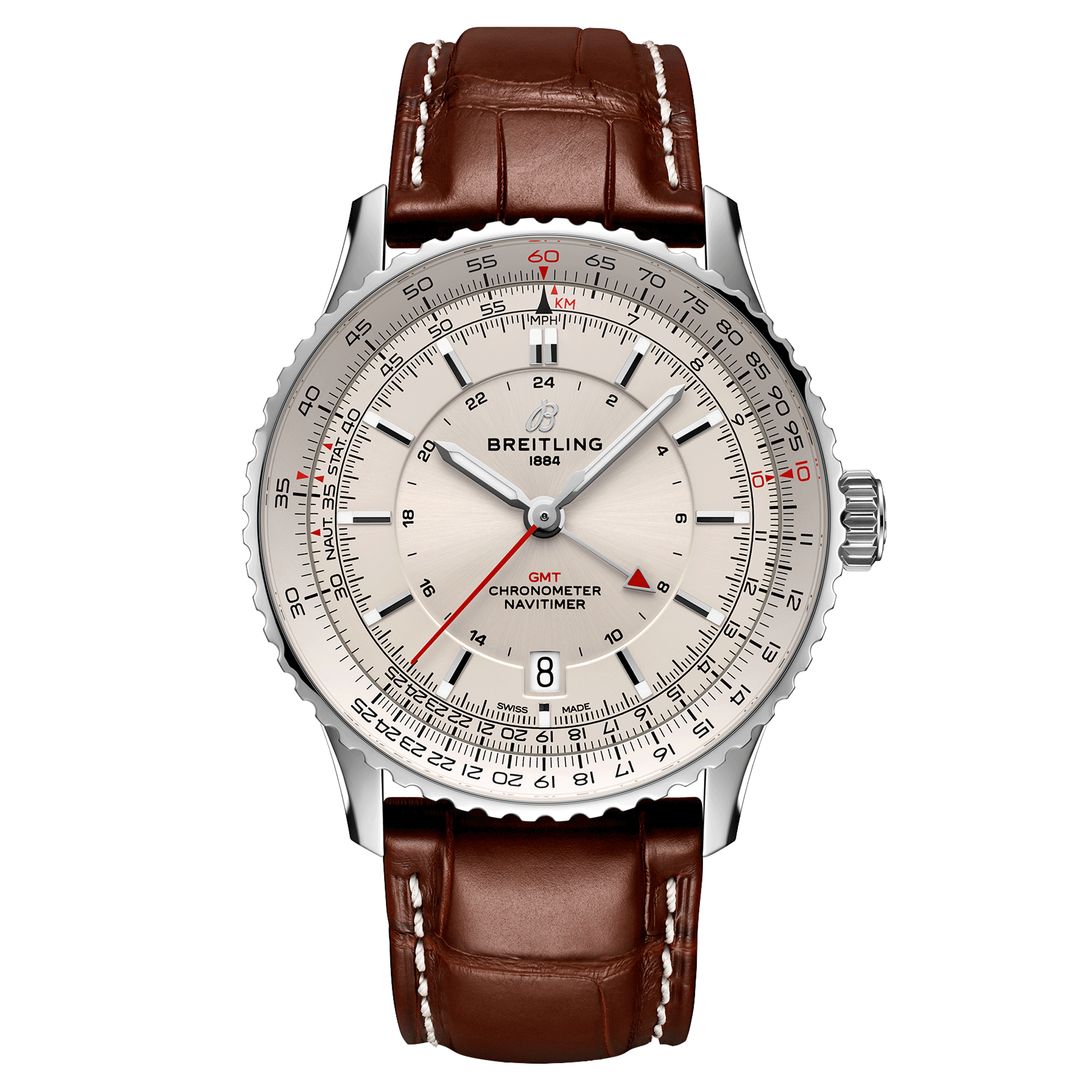 Breitling Navitimer GMT 2024 automatic watch silver dial brown leather strap 41 mm