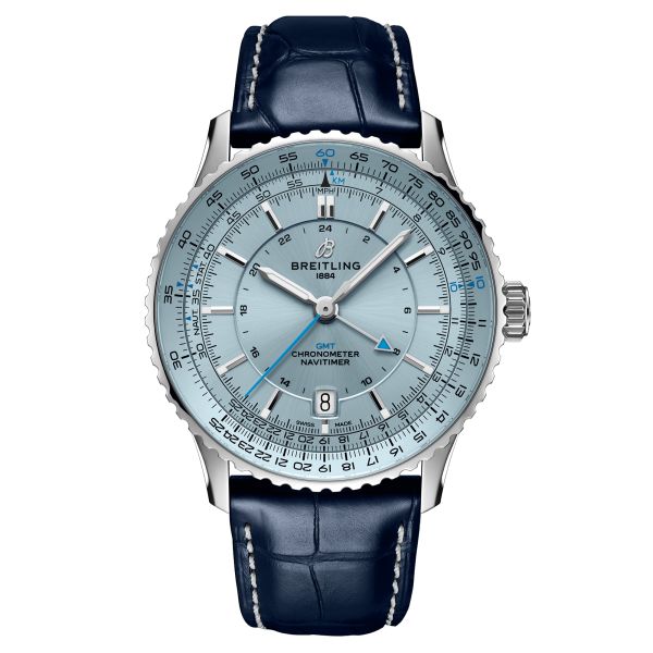 Breitling Navitimer GMT 2024 automatic watch glacier blue dial blue leather strap 41 mm