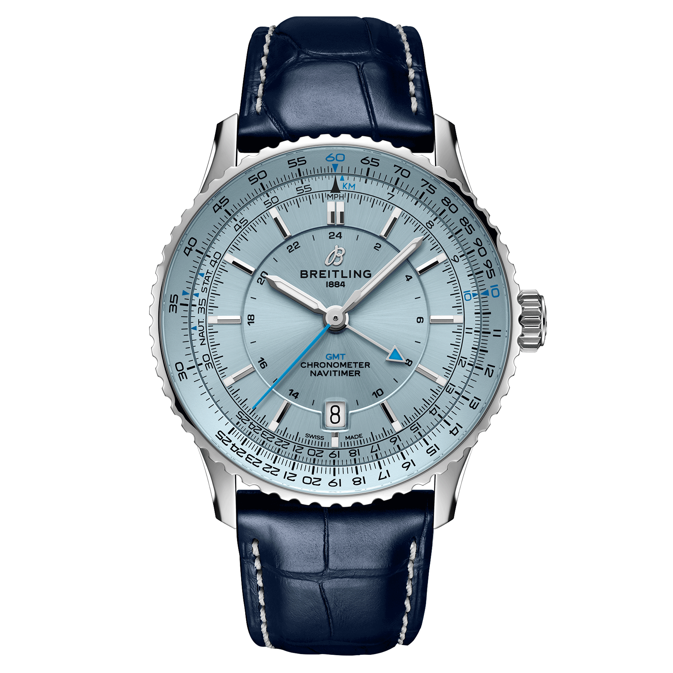 Montre Breitling Navitimer GMT 2024 automatique cadran bleu glacier bracelet cuir bleu 41 mm A32310171C1P1