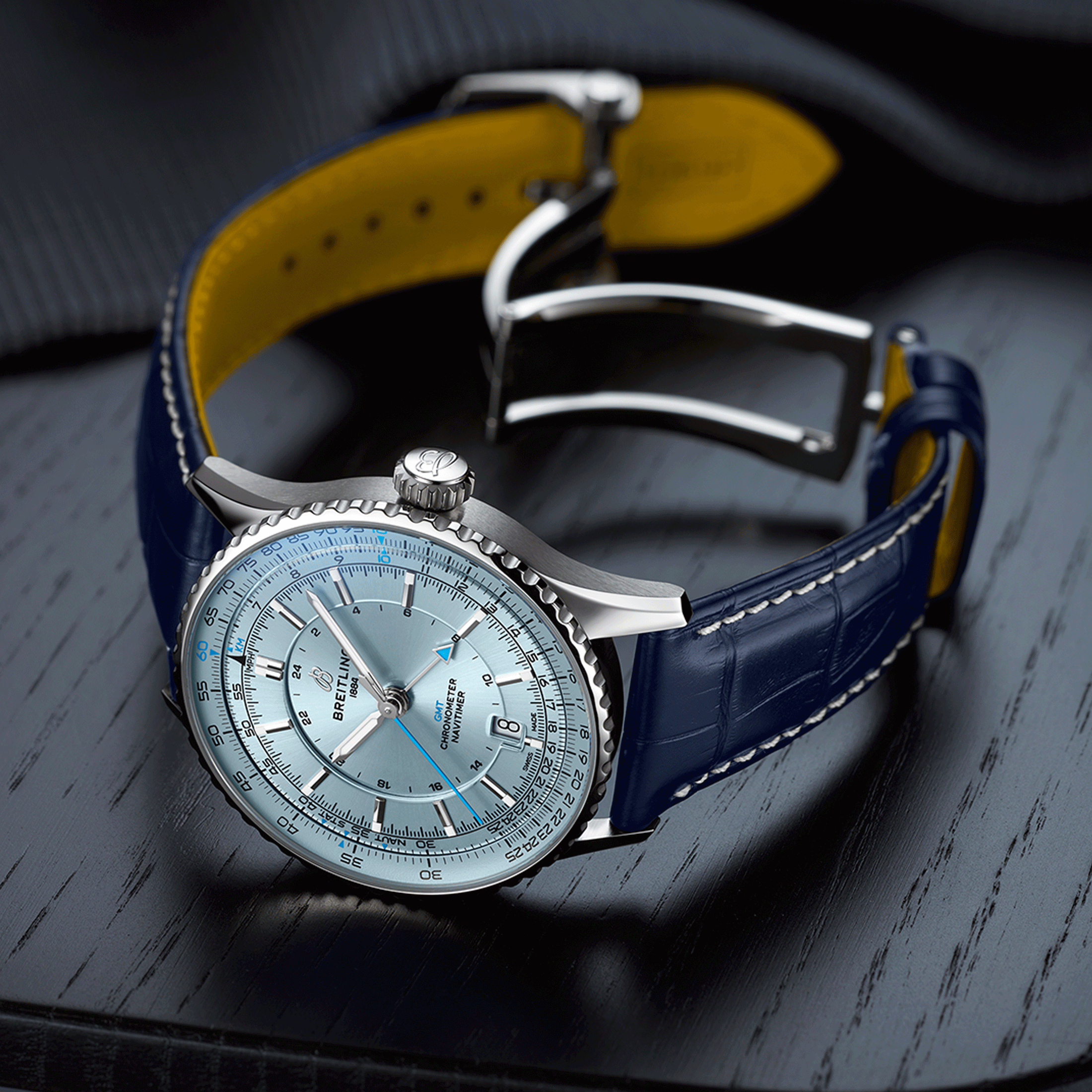 Breitling Navitimer GMT 2024 automatic watch glacier blue dial blue leather strap 41 mm
