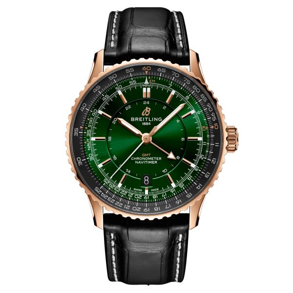 Montre Breitling Navitimer GMT 2024 Or Rose automatique cadran vert bracelet cuir noir 41 mm R32310251L1P1