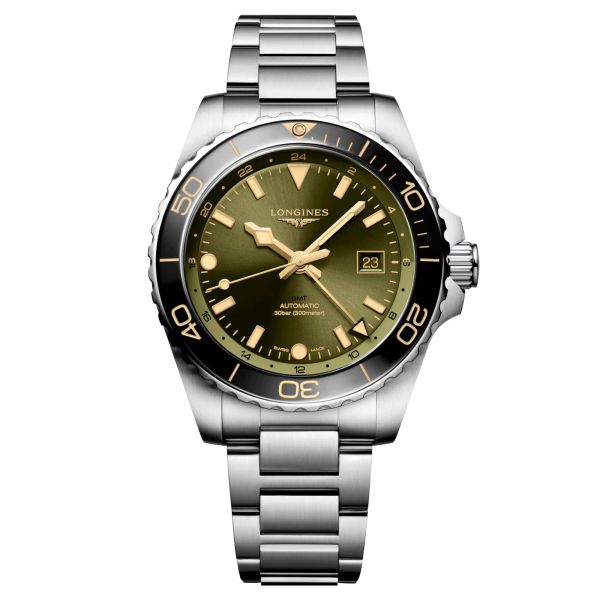 Montre Longines Hydroconquest GMT automatique cadran vert bracelet acier 43 mm L3.890.4.06.6