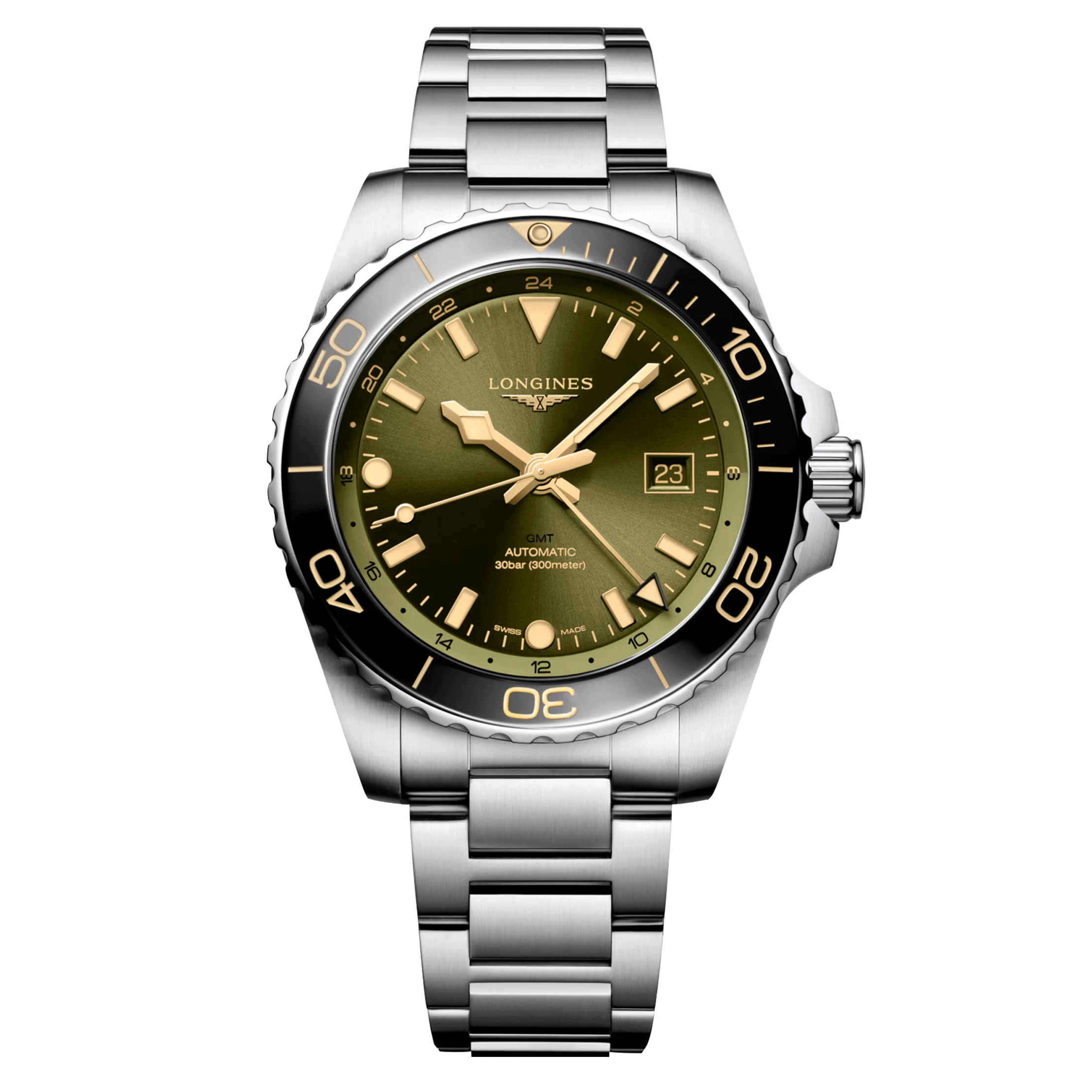 Montre Longines Hydroconquest GMT automatique cadran vert bracelet acier 43 mm L3.890.4.06.6