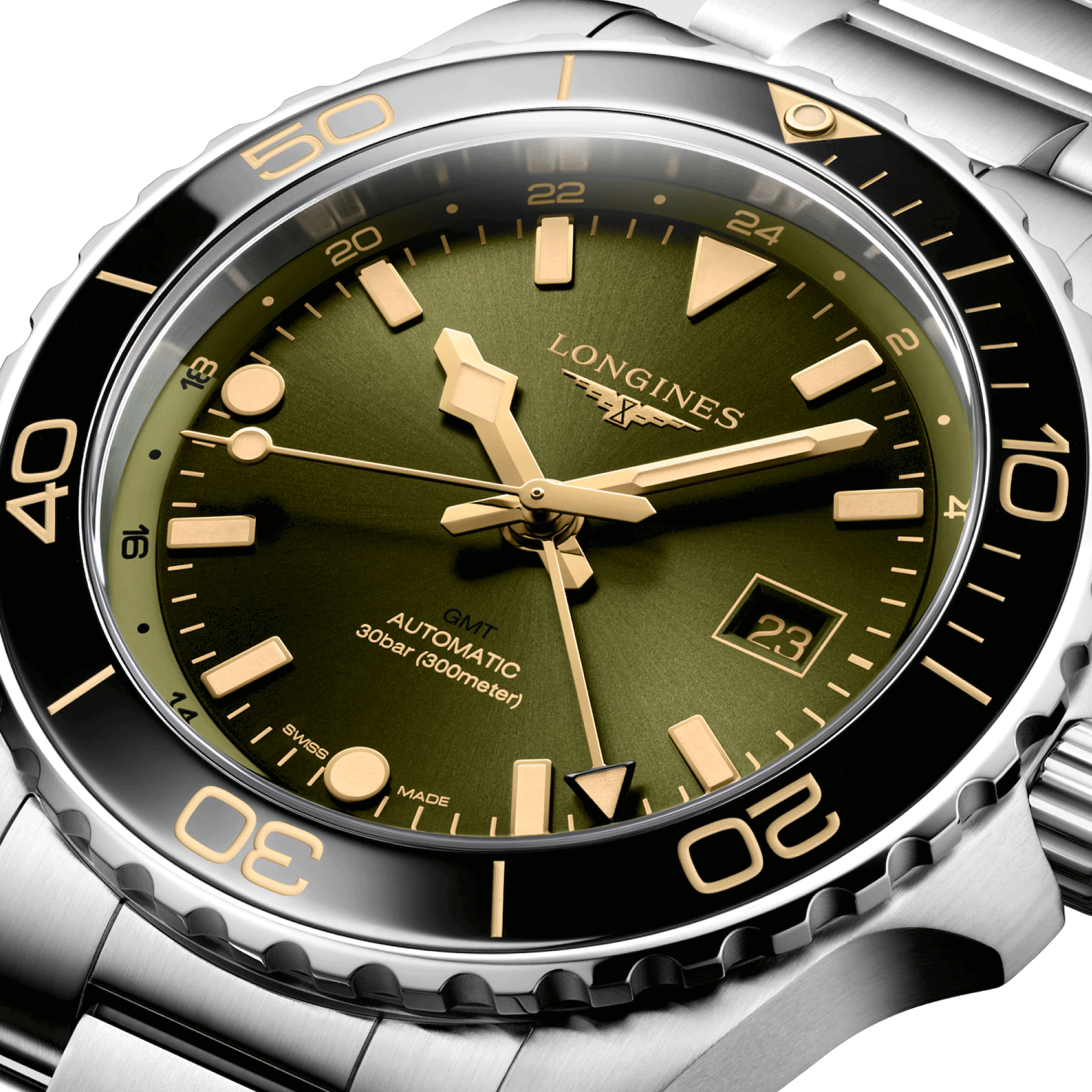Montre Longines Hydroconquest GMT automatique cadran vert bracelet acier 43 mm L3.890.4.06.6