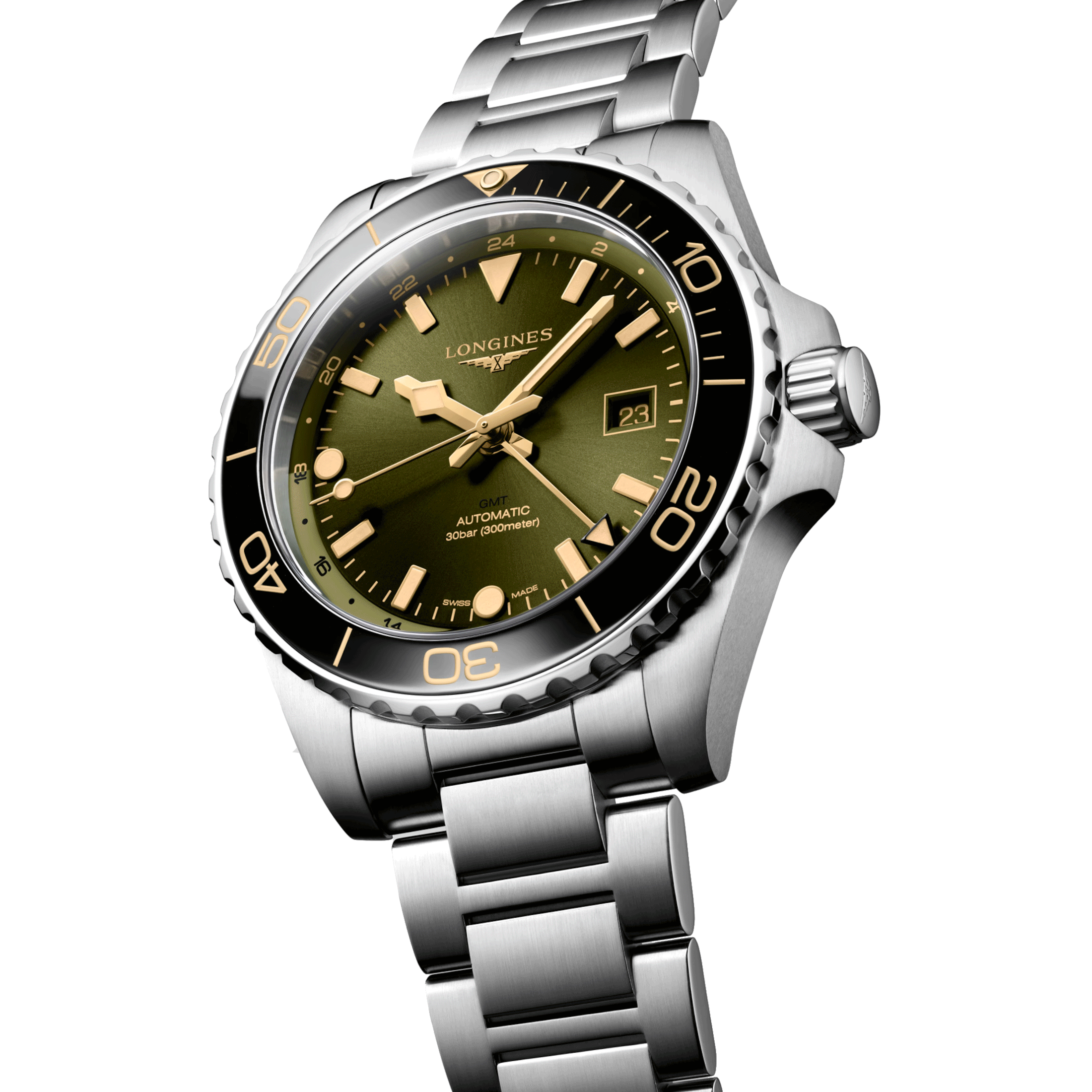 Montre Longines Hydroconquest GMT automatique cadran vert bracelet acier 43 mm L3.890.4.06.6
