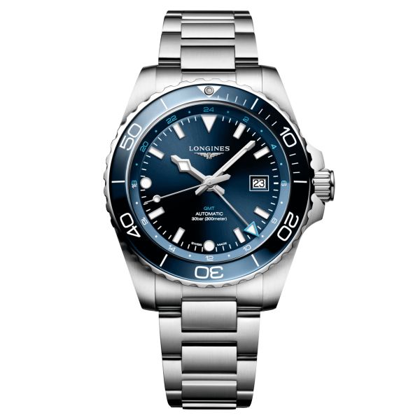Longines Hydroconquest GMT automatic watch blue dial steel bracelet 43 mm