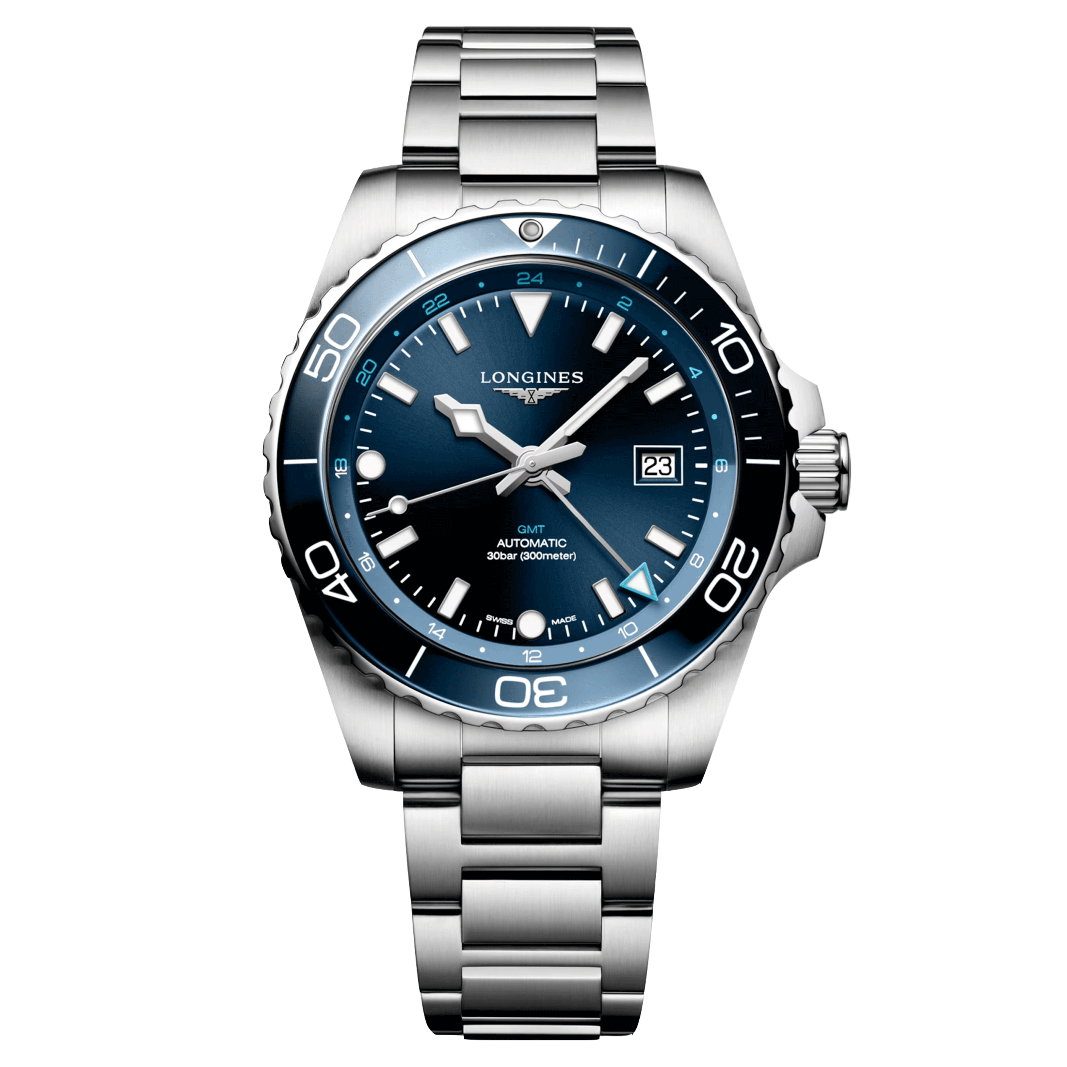 Montre Longines Hydroconquest GMT automatique cadran bleu bracelet acier 43 mm L3.890.4.96.6