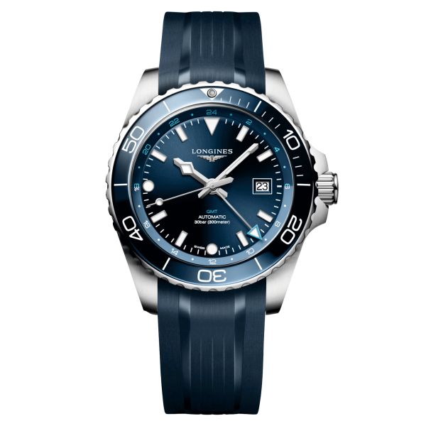 Longines Hydroconquest GMT automatic watch blue dial blue rubber strap 43 mm