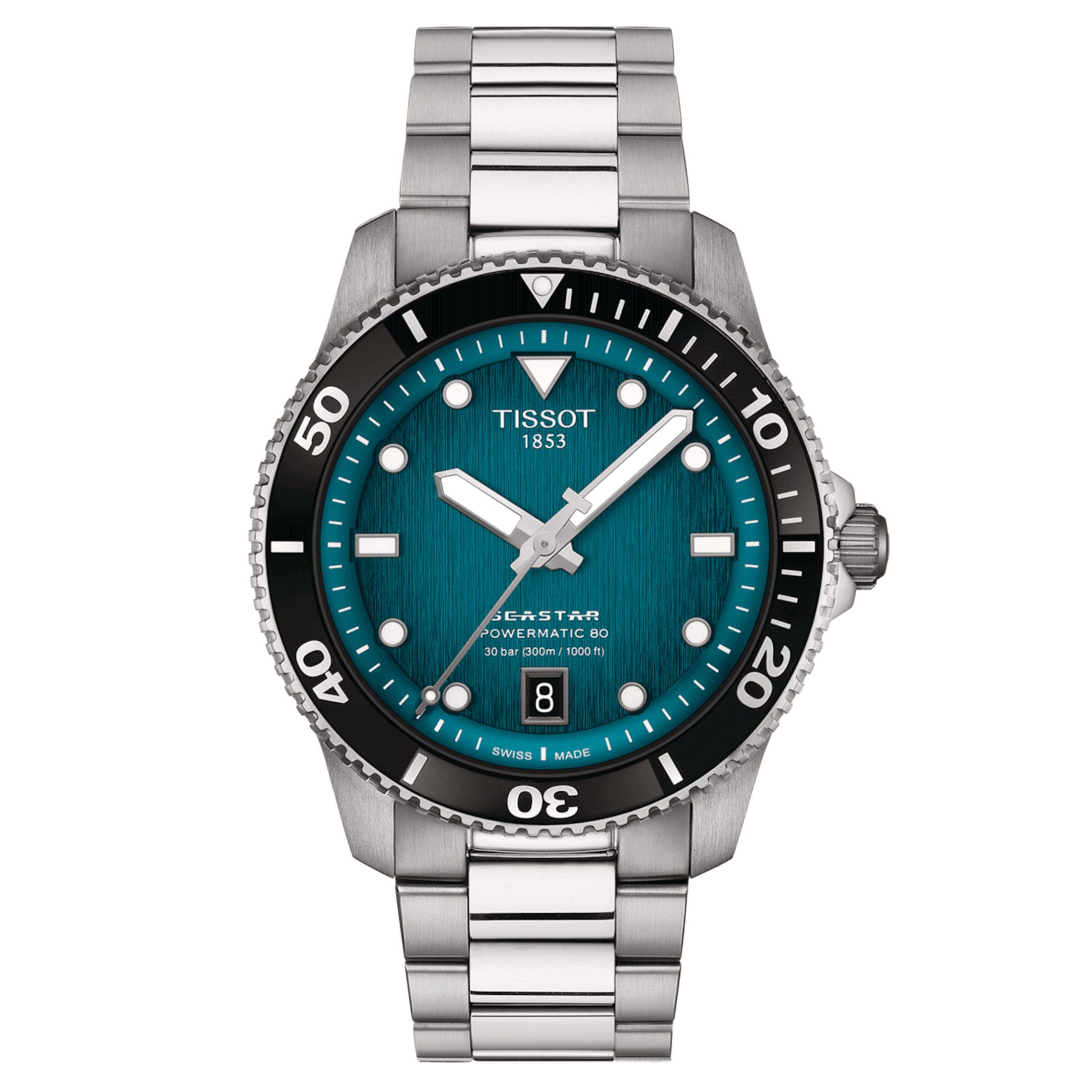 Tissot Seastar 1000 Powermatic 80 watch turquoise dial stainless steel bracelet 40 mm T120.807.11.091.00