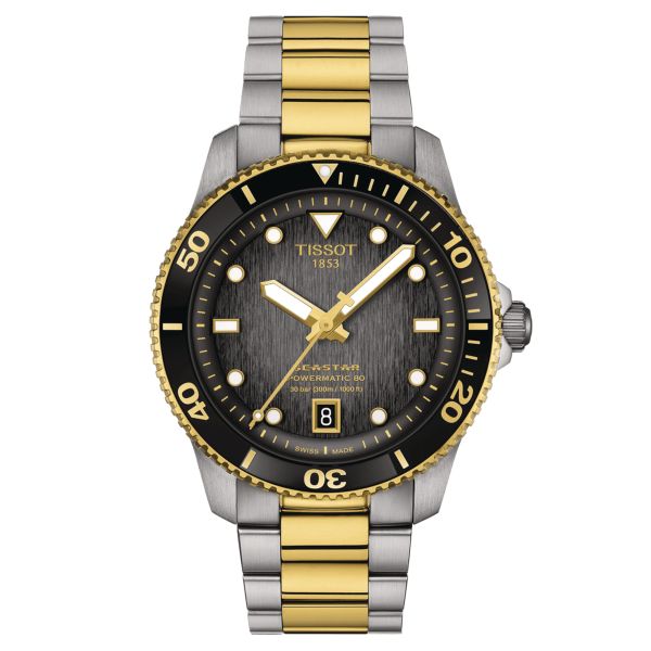 Tissot Seastar 1000 PVD Yellow Gold Powermatic 80 watch grey dial steel bracelet 40 mm
