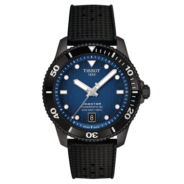 Tissot Seastar 1000 Powermatic 80 watch blue dial black rubber strap 40 mm