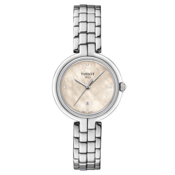 Montre Tissot T-Lady Flamingo quartz index diamants cadran nacre blanche bracelet acier 30 mm T094.210.11.116.02