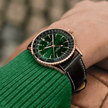 Breitling Navitimer GMT 2024 automatic pink gold watch green dial black leather strap 41 mm