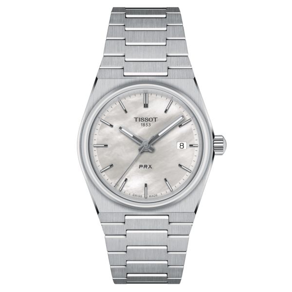 Tissot PRX quartz watch white mother-of-pearl dial steel bracelet 35 mm T137.210.11.111.00
