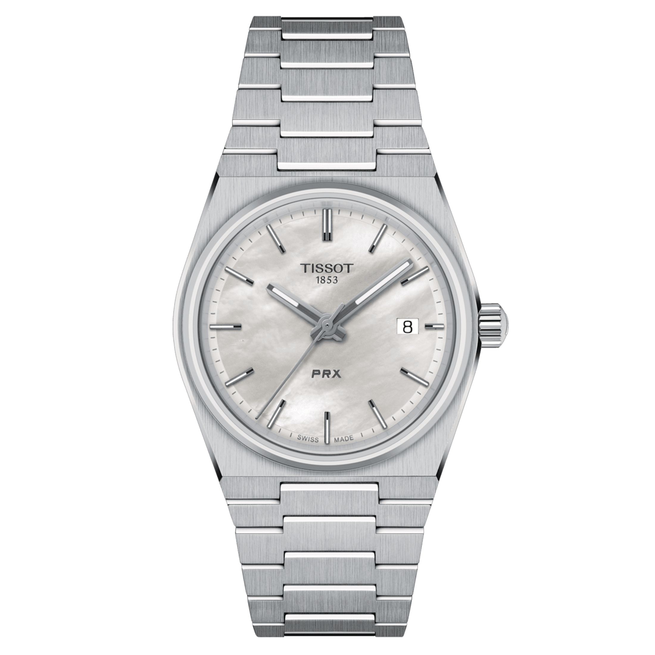 Tissot PRX quartz watch white mother-of-pearl dial steel bracelet 35 mm T137.210.11.111.00