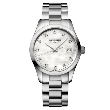 Montre Longines Conquest Classic quartz cadran nacre blanche bracelet acier 34 mm L2.386.4.87.6