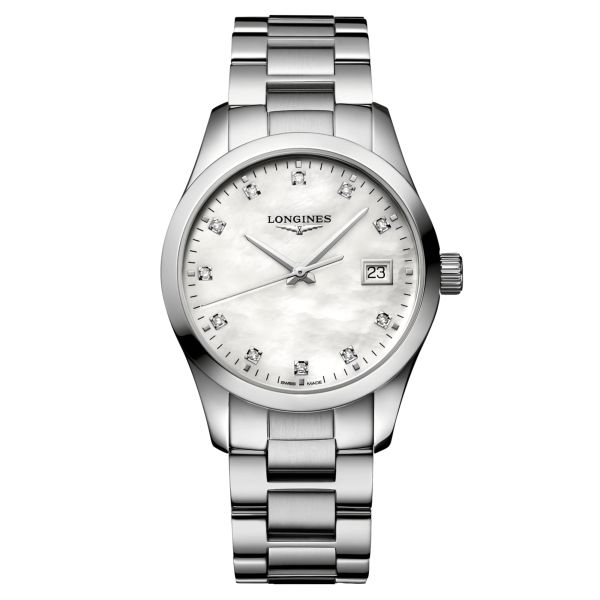 Montre Longines Conquest Classic quartz cadran nacre blanche bracelet acier 34 mm L2.386.4.87.6