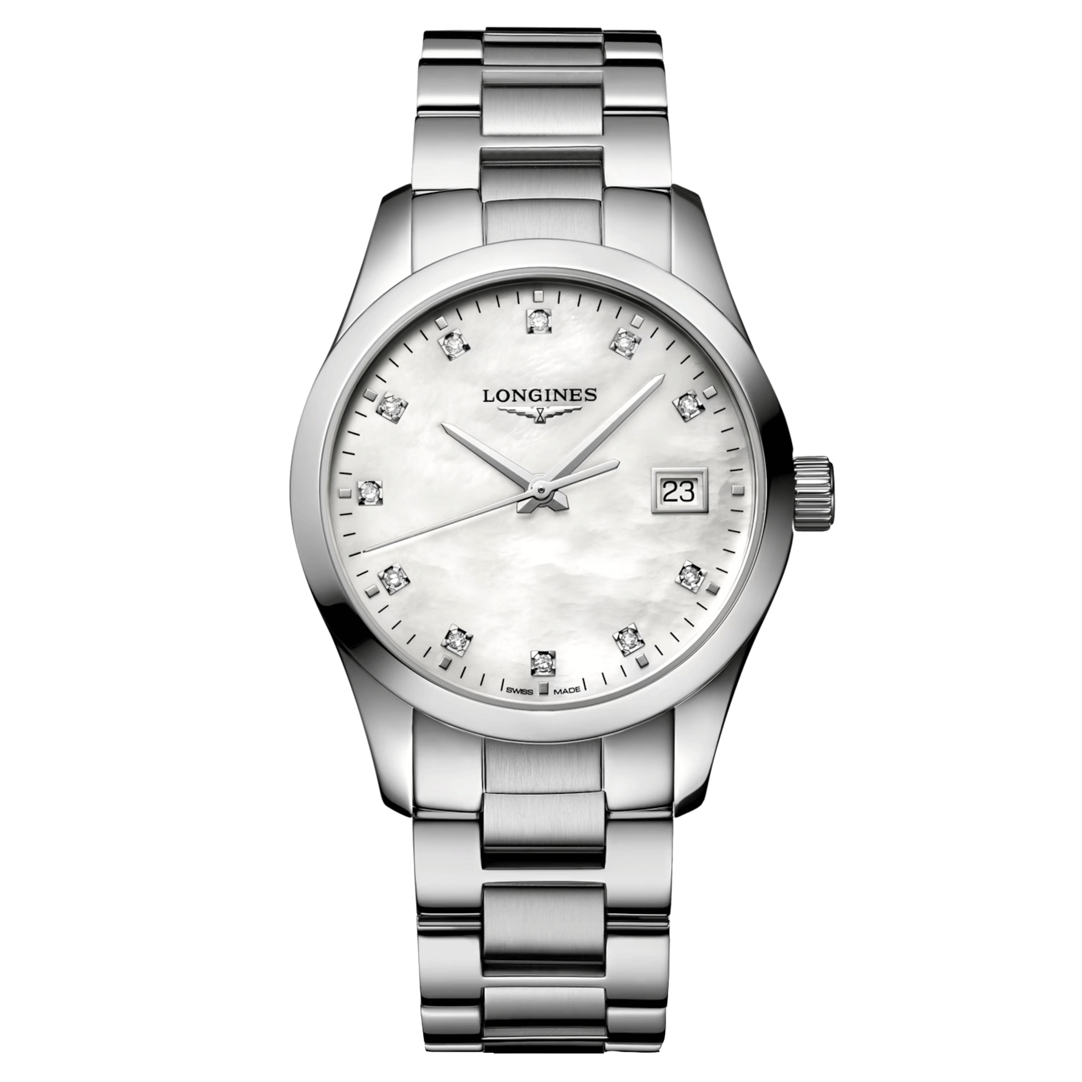 Montre Longines Conquest Classic quartz cadran nacre blanche bracelet acier 34 mm L2.386.4.87.6