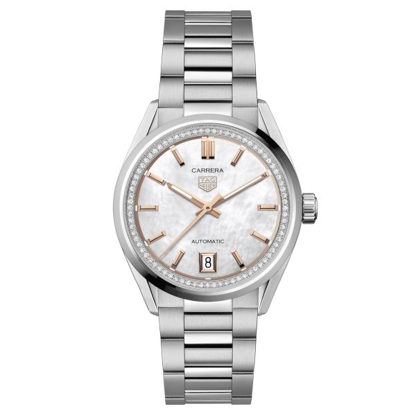 TAG Heuer Carrera Date automatic diamond watch white mother-of-pearl dial steel bracelet 36 mm WBN231C.BA0001