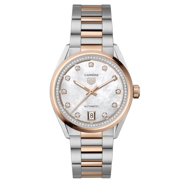 TAG Heuer Carrera Date automatic watch diamond markers white mother-of-pearl dial steel and rose gold bracelet 36 mm WBN2351.BD0