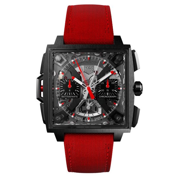 Montre TAG Heuer Monaco Split-Seconds Chronograph automatique cadran squelette bracelet cuir rouge 41 mm CBW2181.FC8322