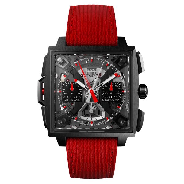 TAG Heuer Monaco Split-Seconds Chronograph automatic watch skeleton dial red leather strap 41 mm CBW2181.FC8322