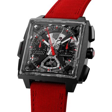 Montre TAG Heuer Monaco Split-Seconds Chronograph automatique cadran squelette bracelet cuir rouge 41 mm CBW2181.FC8322