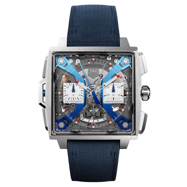 Montre TAG Heuer Monaco Split-Seconds Chronograph automatique cadran squelette bracelet cuir bleu 41 mm CBW2182.FC8339