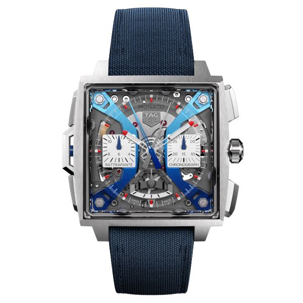 TAG Heuer Monaco Split-Seconds Chronograph automatic watch skeleton dial blue leather strap 41 mm CBW2182.FC8339